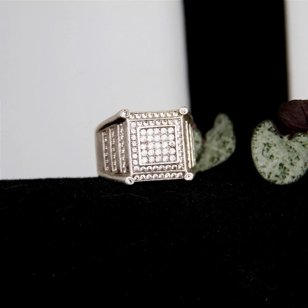 VTG HEAVY Sterling Silver 925 Iced Out Square Signet Ring Mens Size 8.5 CZ Band